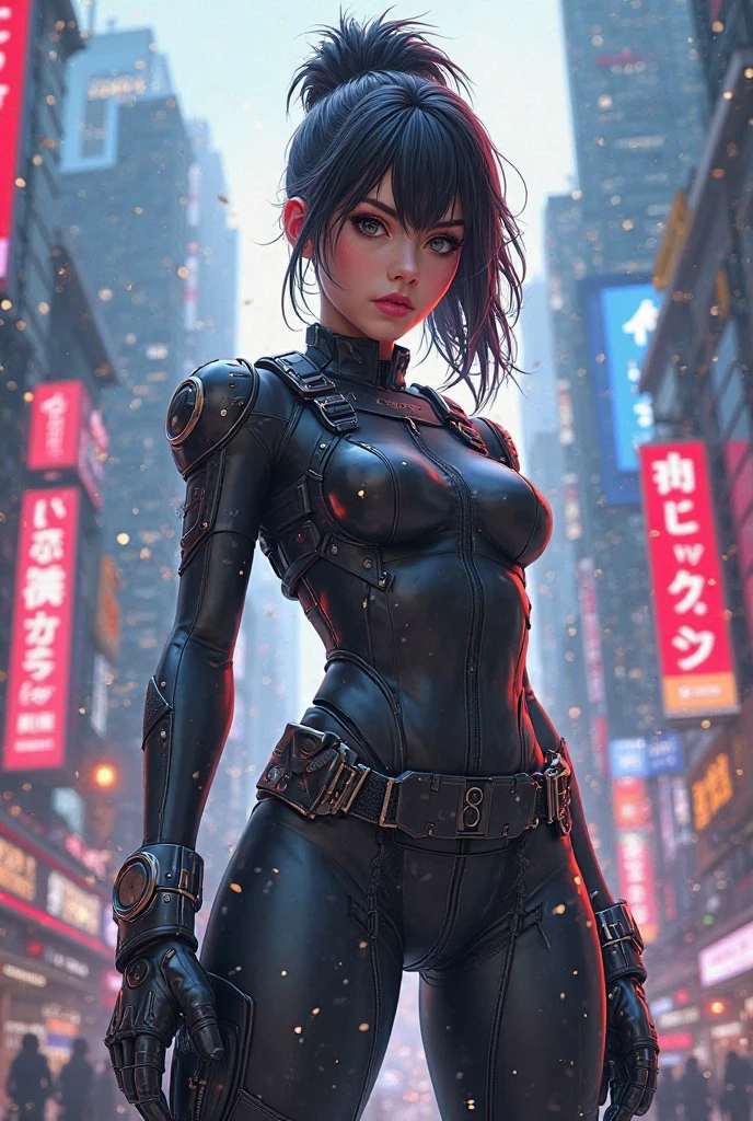 (masterpiece), (best quality), (very detailed), (1 person), (cyberpunk), future city background, detailed eyes, Detailed nose, Detailed lips, perfect face, perfect body, revealing clothing, (((whole body))), placed on the left