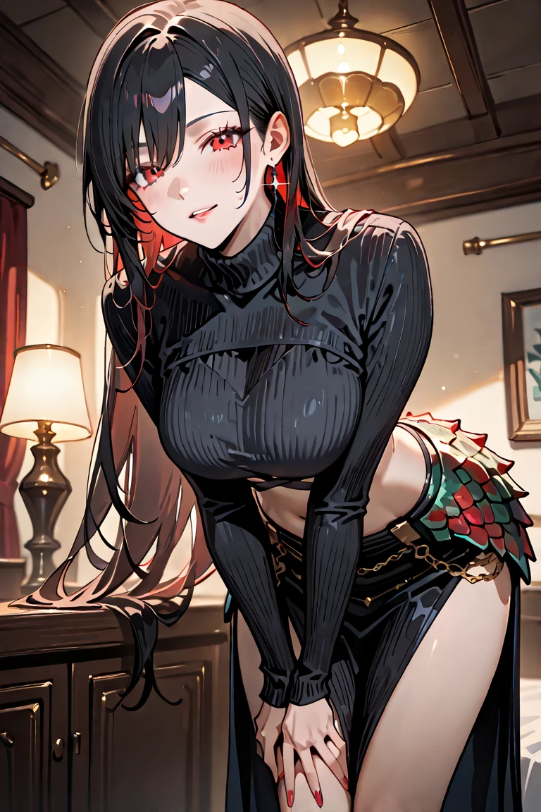 Black hair, brown eyes, large breasts, sexy, beautiful body, masterpiece, bedroom, green lingerie, green underwear, green bra, smile