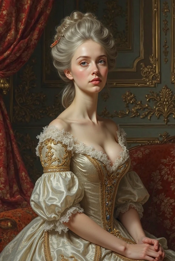 an oil painting、top-quality、​masterpiece、1girll、Dresses from the Belle Époque era、Noble lady、French cityscape、Marie Antoinette、Lady、