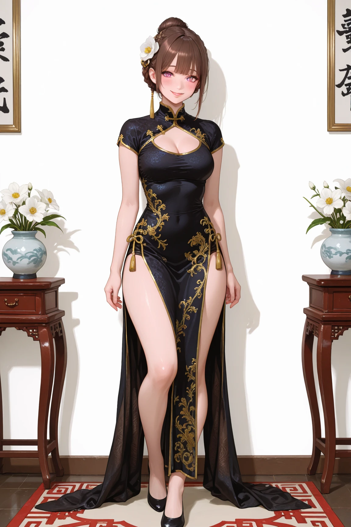 The blonde,on cheongsam,(Red cheongsam),(Chinese tradition),During the Republic of China,huge tit,High-forked cheongsam,expose arms,Exposing thighs,(cleavage)