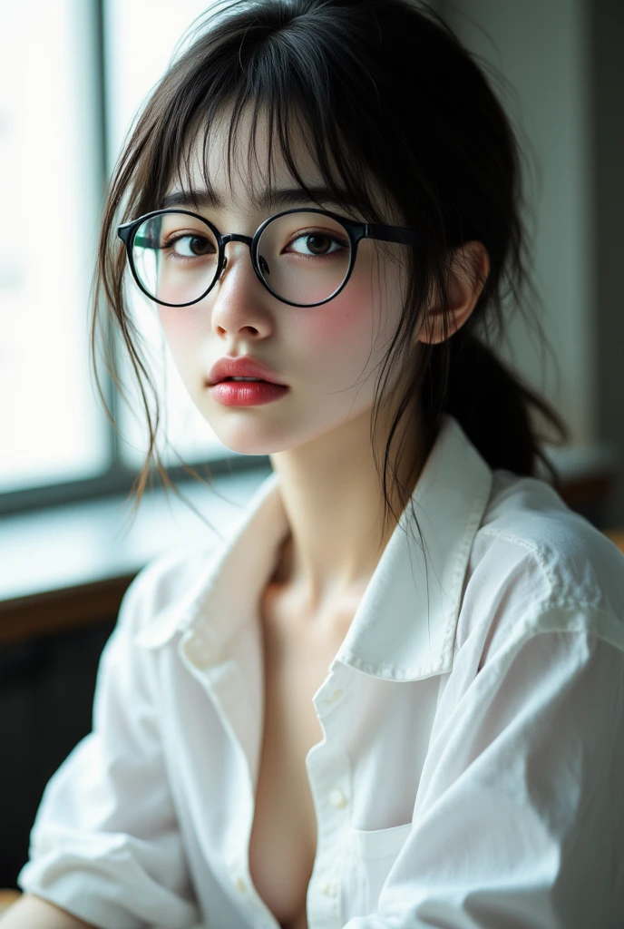 ((top quality)), ((傑top quality、masterpiece、High sensitivity、high resolution、Detailed Explanation、depiction of a delicate face)),( Slender Woman、 wear glasses、)white shirt、The shirt I wear at school is unbuttoned、chest is visible on the desk、