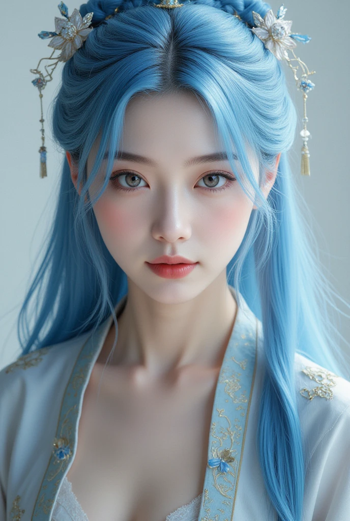 (hyper-realistic), (illustration), (high resolution), (8k), (Very detailed), (最佳illustration), (Beautiful and delicate eyes), (best quality), (Super detailed), (masterpiece), (wallpaper), (lifelike), (Natural light), (edge lit), (Detailed face), (高度细致lifelike皮肤纹理), (anatomically correct), (alone), (1 girl), (高细节lifelike头发), (blue hair:1.2), spiky hair, (heterochromatic eyes), (Detailed green eyes), (There is a small mole under the eye), (realistic:1.5), (????? of breast:1.3), (long legs), (slim abs), (dynamic poses), (Keep your mouth shut:1.3), (Traditional Hanfu), (transparent clothes:1.5), national foundation,Show breasts,Show breasts,exposing her chest,huge ,huge breasts,exposing her chest,huge breasts,