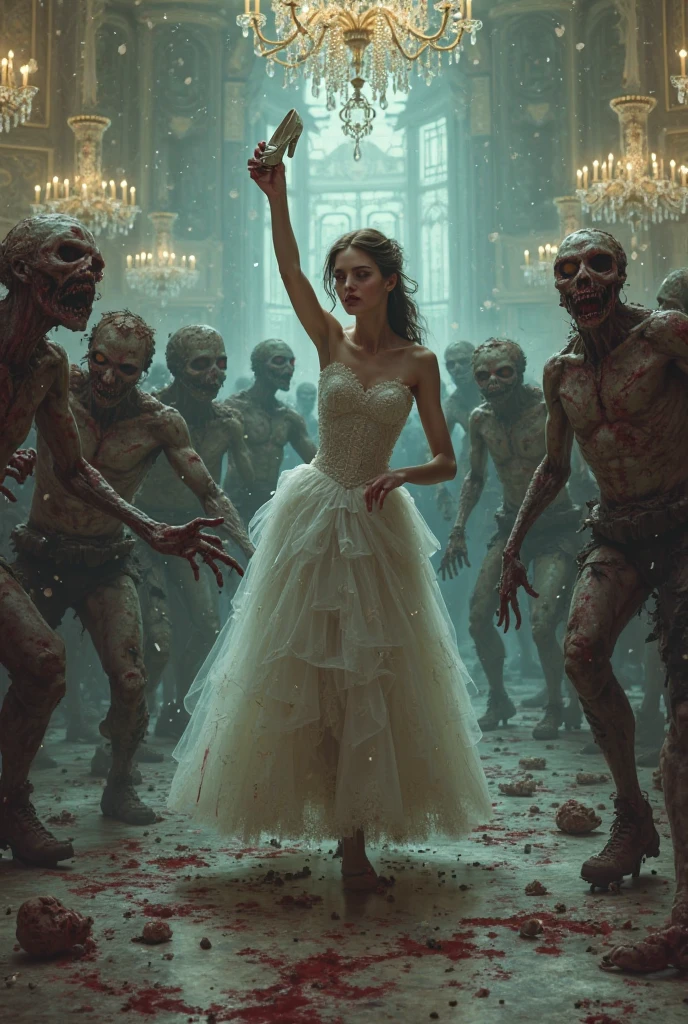 A scene showing Cinderella standing tall in her ball gown, but the shadows around her are filled with ghostly, distorted faces representing envy and greed. The expressions on these faces are haunting, hinting at the darker side of human nature