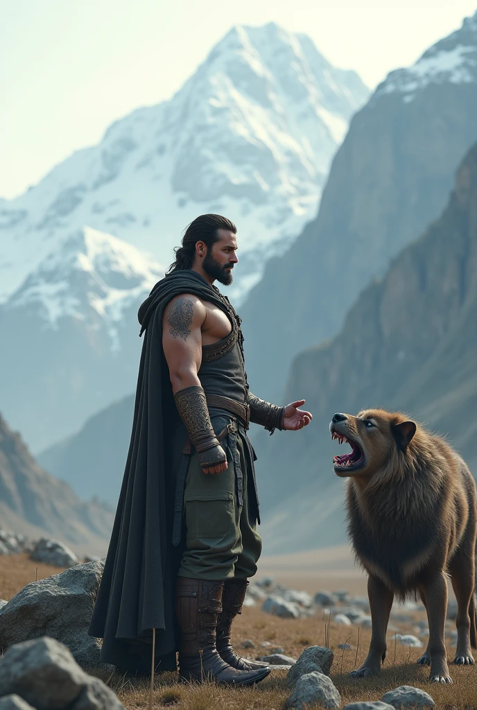 the best quality, very high resolution, detailed 4K CG, Masterpiece artwork, augur, Nordic Deuses, handsome man plus a wolf, rune tattoos, viking, Celtic mountains, blue sky, Norse mythology, viking rune tattoo, beautiful aesthetic, Beautiful picture, There are beautiful mountains with green grass in the back