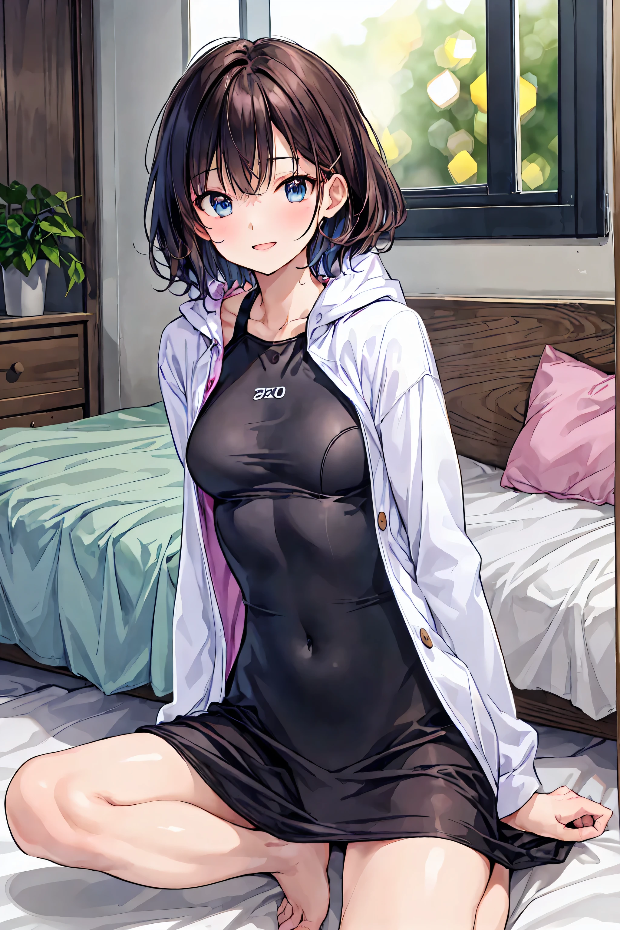 (high quality, 8k, 4K, High Contrast, masterpiece:1.2, 最high quality, Best aesthetics), , Very detailed, Seductive and  girl, false smile, Forced smile，Shadowy Face，blush，Cuckold，Open underwear，Embarrassed，(Normal milk, Silver fur), Focus on the face, Small face，Complex eyes,, laced , Hotel Bed, Lying on your back on the bed, Viewers looking up, Black Hair，School Swimsuit，Show your side