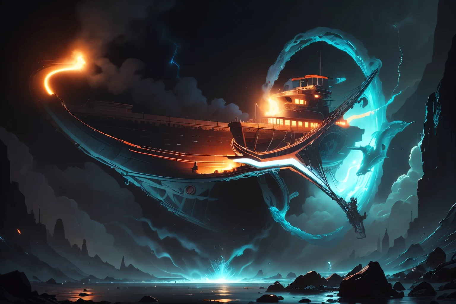 (Ultra-detailed, Gothic Illustration, Dark tone colors. Fantastic. Mysterious. Elegant. A red speed line.), BREAK
(A viewpoint from below. Many blue-white lightning bolts fall from the gray clouds. A large flying boat is flying at high speed, leaving behind a spiral trail of glowing blue-white light. The engine room at the rear of the amphibian explodes, discharging a glowing red light, and the amphibian is about to crash, spewing black smoke.), BREAK
(The amphibian, designed like an ancient galley, is of Gothic design. At the rear of the ship is the engine, and a rotating ring of circular whirlpools of blue-white glowing flames surrounds the ship. It has a rudder that resembles a classical feather and fins that resemble wind vanes. A statue resembling the goddess of the wind is attached to the bow.)