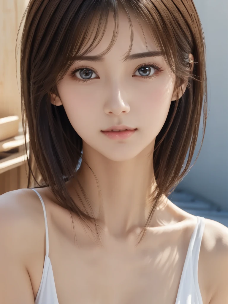 ((Showpiece、sthe highest qualit、High Accuracy))、女の子1人、(pfotorealistic:1.4)、(((Look up at the camera even slightly above、gaze at the camera、Looking up、looking up at the camera)))、solo、、white backbroud、pure white background、close mouth、Happy smile、Smile happily、pretty black hair、Shorthair、big Eyes、Distinct double eyelids、Lashes、Put your ears out、long neck、long neck、Absolute Area、((Face close-up))、19歳、Attractive proportions、Glossy skin、Clean collarbone、The face of the golden ratio、perfect faces、Tear mole、Mole on the chest、bangs、Clean bangs、Beautiful bangs、lipgloss、thin lips、White-colored skin、undressed、big Chest、Small Face、smaller face、Staring at the camera slightly upwards