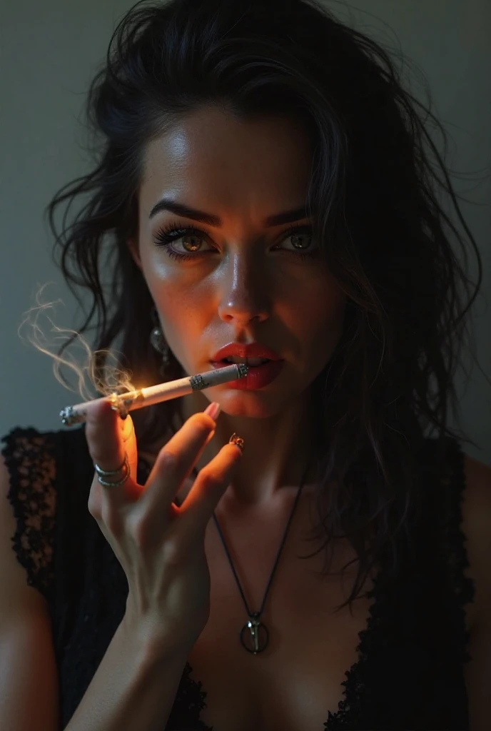 0k1ng, smoking, holding lighter, woman, cinematic, dark background