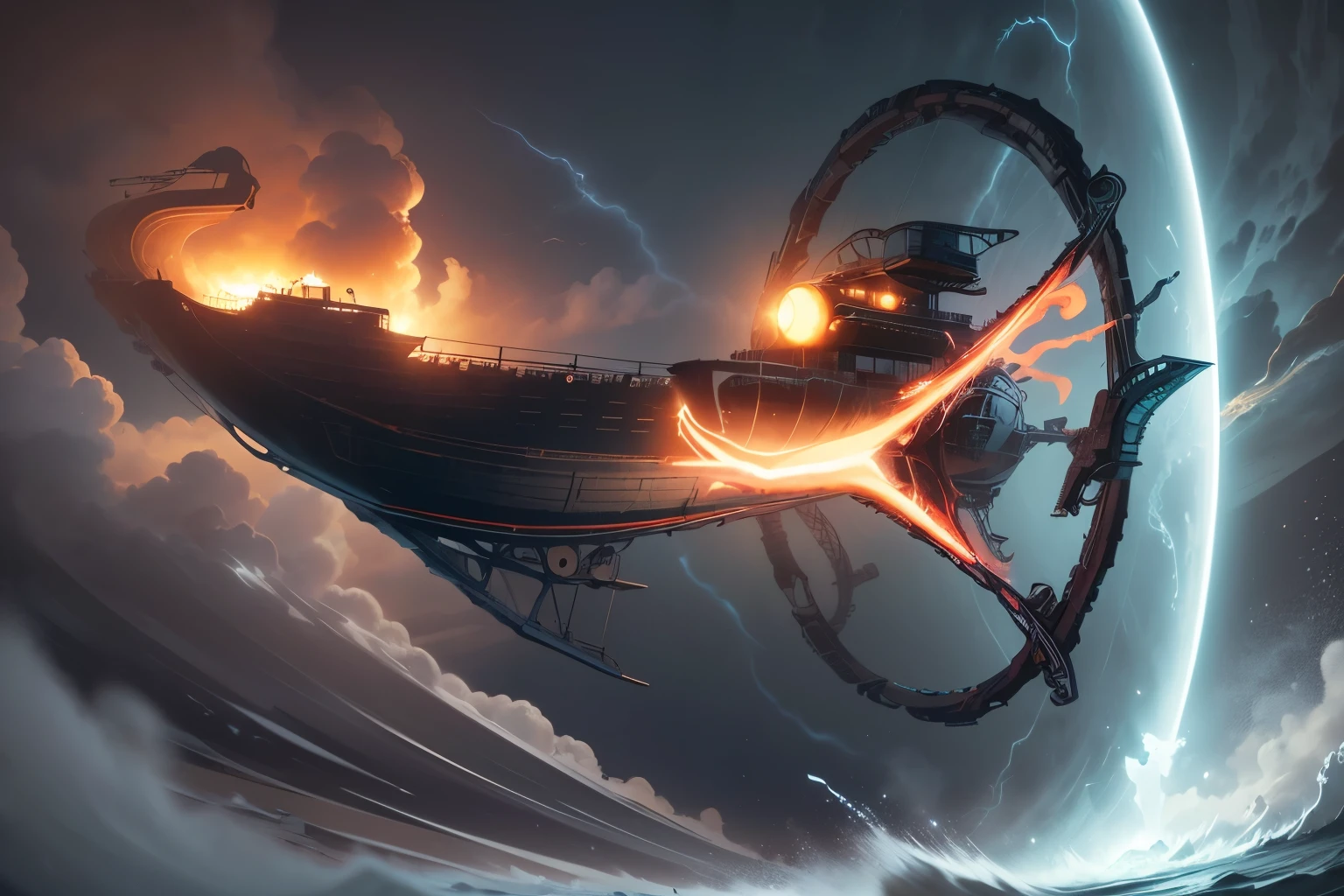 (Ultra-detailed, Gothic Illustration, Dark tone colors. Fantastic. Mysterious. Elegant. A red speed line.), BREAK
(A viewpoint from below. A large flying boat is flying at high speed, trailing a circular vortex of glowing blue light surrounding the ship, as many blue-white lightning bolts fall from the gray clouds. The engine room at the rear of the amphibian explodes, discharging a glowing red light, and the amphibian is about to crash, spewing black smoke.), BREAK
(The amphibian, designed like an ancient galley, is of Gothic design. At the rear of the ship is the engine, which is surrounded by a blue-white, glowing ring that surrounds the ship vertically. It has a rudder that resembles a classical feather and fins that resemble wind vanes. A statue resembling the goddess of the wind is attached to the bow.)