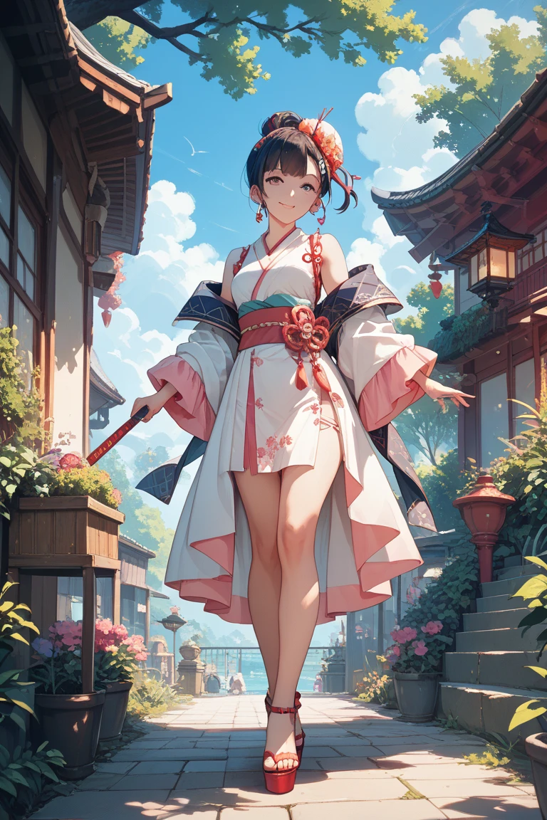 best quality, masterpiece, ph utaha, 1girl, solo, umbrella, japanese clothes, long hair, kimono, red eyes, black hair, hair ornament, perfect background, hairband, oil-paper umbrella, simple background, breasts, flower, hair flower, floral print, cleavage, geta, standing, smile, bag, ribbon, sandals, wide sleeves, hair ribbon, sash, medium breasts, off shoulder, holding umbrella, obi, bare shoulders, platform footwear