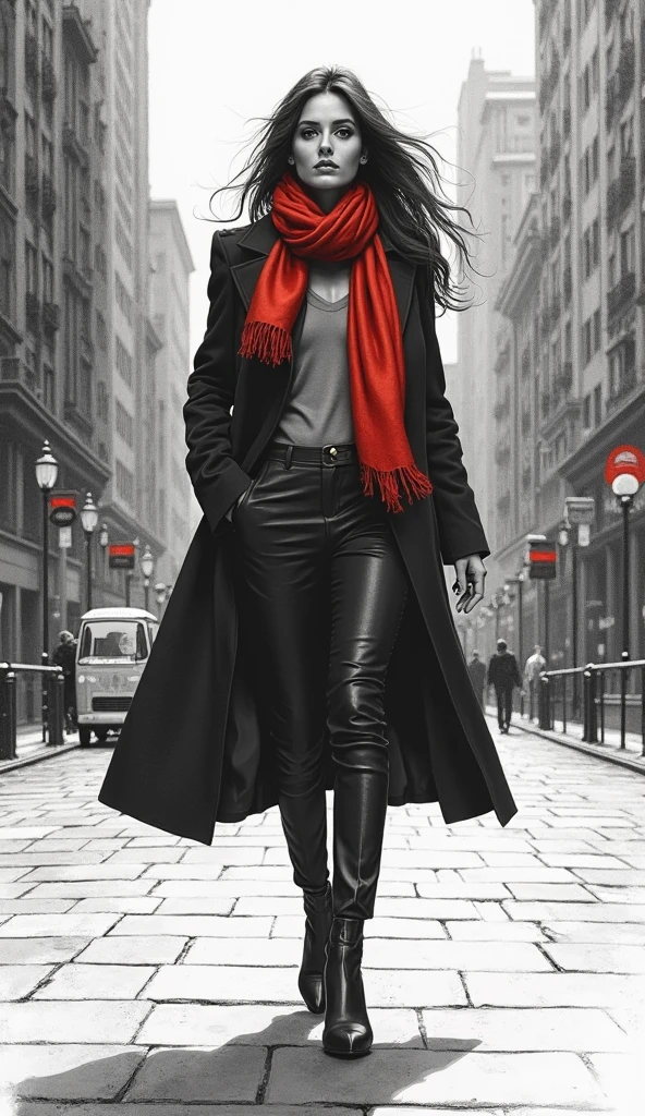 A captivating and hyper-detailed charcoal drawing depicts a beautiful, full-length woman walking down a sidewalk with her head held high, empowered. In the background are modern, urban buildings. The focus is on the empowered, elegant woman. The sketch style skillfully combines soft shadows for the face with expressive lines for the hair and clothing. She wears a stylish outfit and a black overcoat, a scarf stands out, showcasing the artist’s ability to create a balance between realism and artistic imperfection. The vibrant scarf adds a bold, artistic touch. This ultra-detailed, high-resolution illustration by Z yener is a testament to the artist’s professional skill. In this moving piece, the woman’s resilience shines through, capturing a moment of knowing what she wants and where she stands.