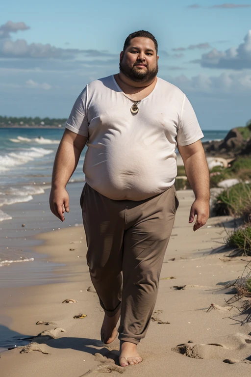 A highly realistic photo of a very obese man, shirtless, wearing shorts and sneakers. The image clearly shows the folds of his belly and sagging chest. He is walking on the beach. The photo should be of high quality.