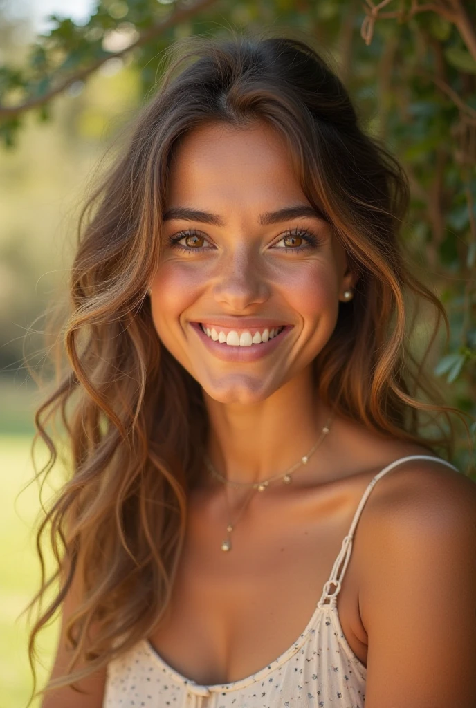 A tropical Brazilian style girl with wavy light brown hair, 4k multi frontal image, is wearing a white lace blouse, smiling, long hair, create variations of the first one