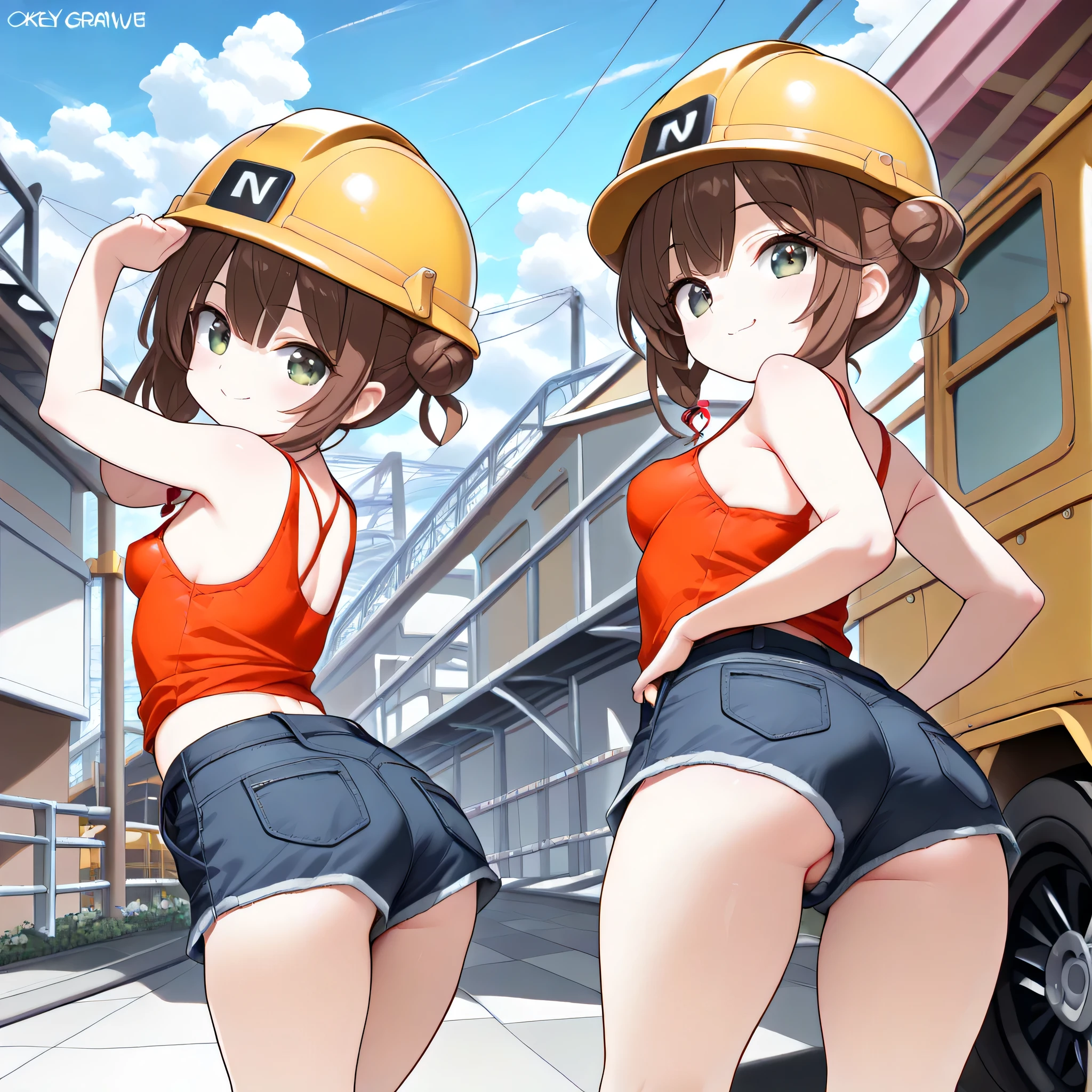 (Incredibly Absurdres Absolutely Resolution: 1.5), Top Quality, Masterpiece, Ultra High Definition, 1 adolescent only, short hair, hair buns, brown hair, green eyes, playful smile, detailed eyes, smooth lines, cute, blush, (medium size round :1.3), ( gravure pose:1.4), construction worker helmet, short shorts, legs visible, from the back, showing curvy , back visible