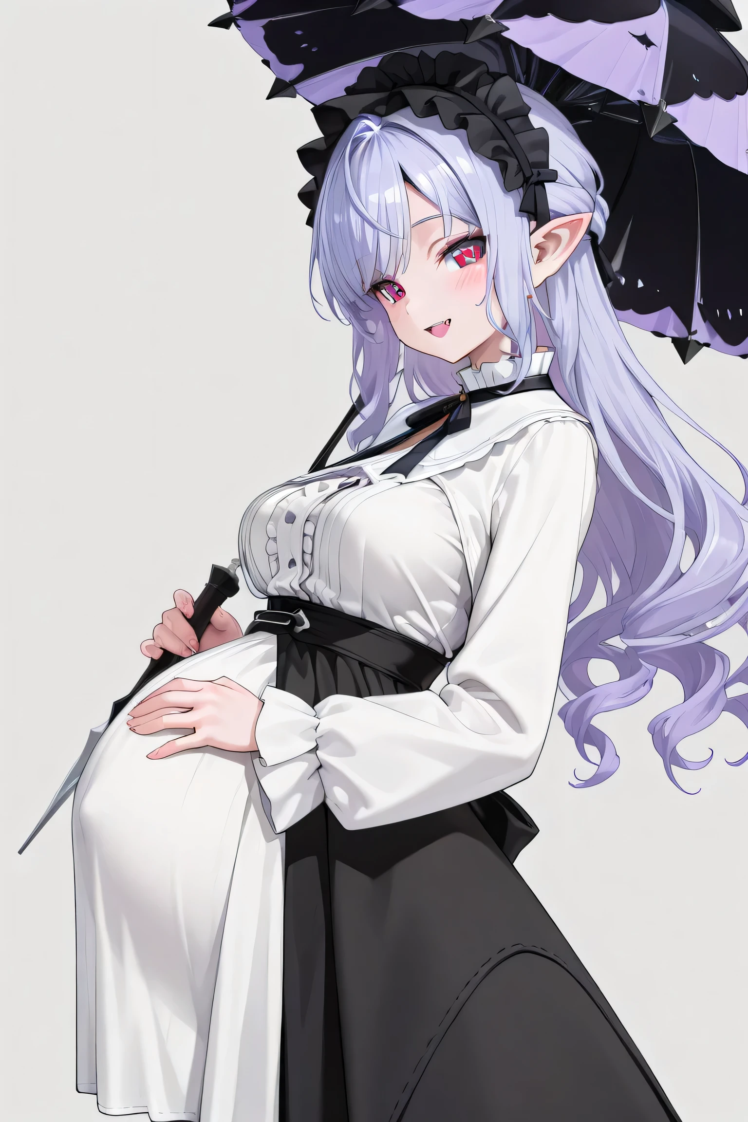 (Best quality, 4k, 8k, high resolution, masterpiece:1.2), ultra detailed, intricate details, beautiful girl, alone, Solo, light-purple hair, bangs, long wavy hair, red-colored eyes, medium breasts, perfect smooth skin, head tilted, ( button-up white blouse:1.4), (high-waisted black short loose skirt:1.0), vampire teeths, elf ears, open mouth , smile lighly, (blush:1.0),Hands holding open mixed black purple umbrella, (Pregnant:1.2), at mediaval city on sideways, (black skirt:1.0), black frilled maid headband, long Sleeve cropped jacket, looking at viewer