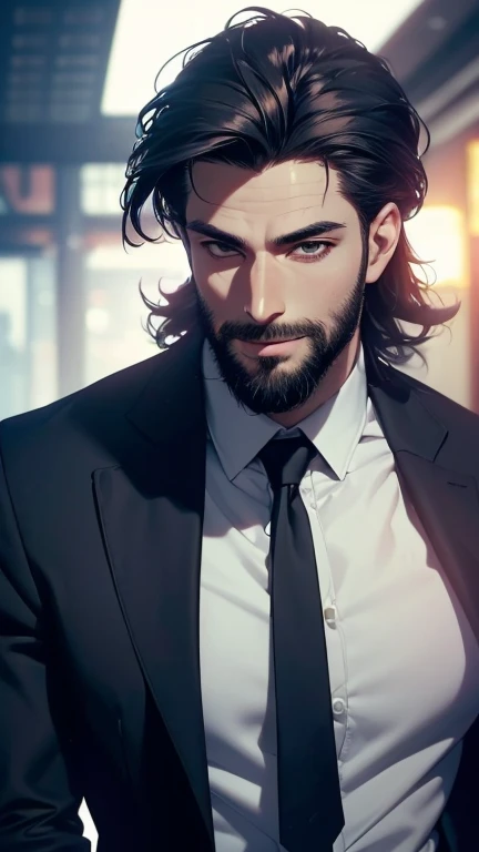 ((half body)) Photo RAW Ceo Man sitting in an office chair, wearing black suit, (Using Dark Beard) movie scene, (Impeccable) ,Serious and elegant man, , with thick male eyebrows, (with mysterious and serious face,) short dark hair, dark black background image, elegant, ( high quality and realistic image), ((Best Quality, 8k, Masterpiece) --auto --s2
