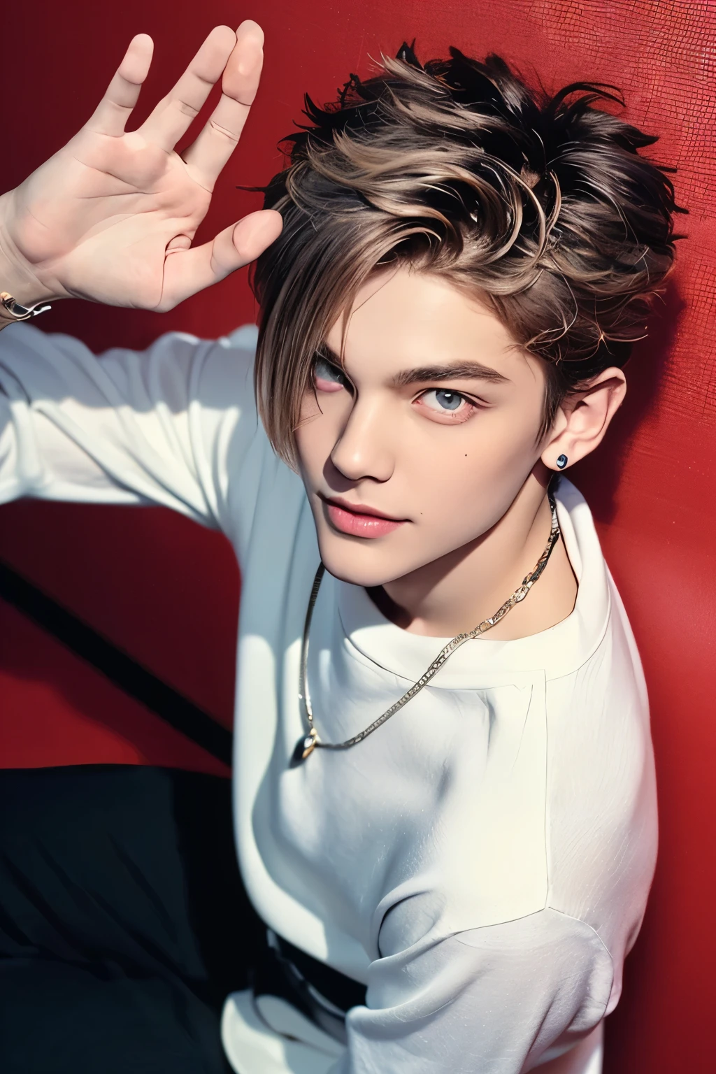 smooth skin((赤と黄二色のspiked hair))A large, slender hanging eye((Big red eyes with strong angled hangings))Male with short spiked hair is a 23 year old top model、luxurious red gemstone necklace、 gorgeous earrings、luxury yellow gemstone bangle、Knee-to-top angle look at viewer、model figure、from above、Smile like a male idol(fantasy male costume)model pose((Show the viewer the precise five fingers and palm)) raises one hand up 、 salute pose