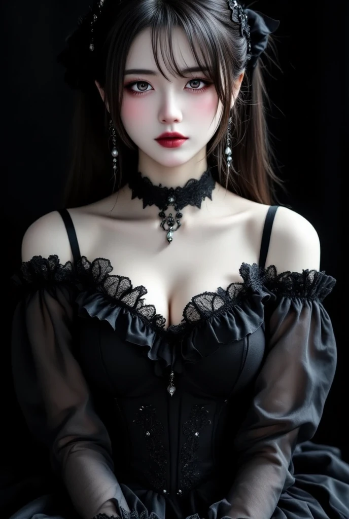 maximum quality、8K、masterpiece: 1.3、gothic punk、red inner color、A brunette、hair adornments、a beautiful girl、creative、dark fantasy style、Neogos、gothic fashion: 1.2, a sexy girl sexual compose showing all your semi-nude sexuality