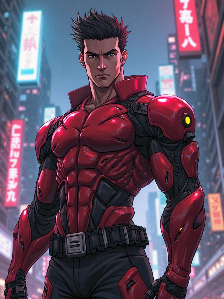 create a comic book constant character a fit muscular body Male with battle armor black and red neon lights 