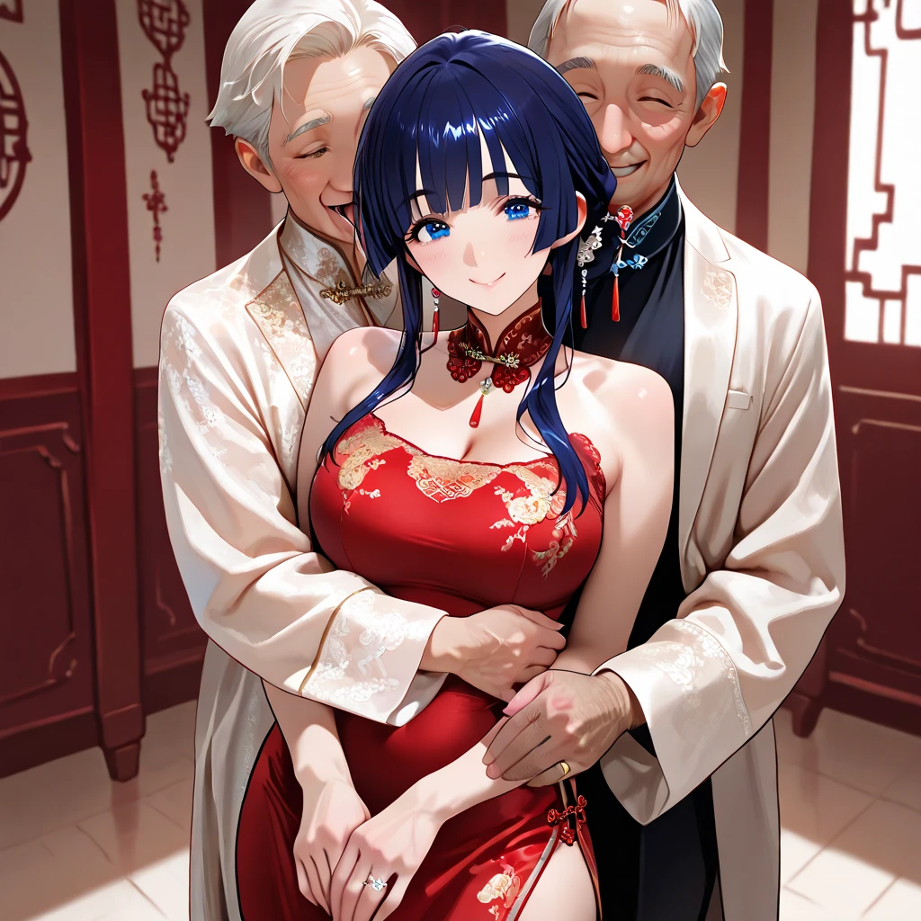 A tragic historical drama in 8k live-action style: Beautiful palace secrets　Beautiful 10 year old Chinese Kung Fu princess with short blue hair has very rough unwanted sex with old man emperor　Gorgeous embroidery, Ultra glossy, She is wearing a shiny red top and bottom long sleeve floral pajama kung fu suit....　　She gets her nipples touched and kissed