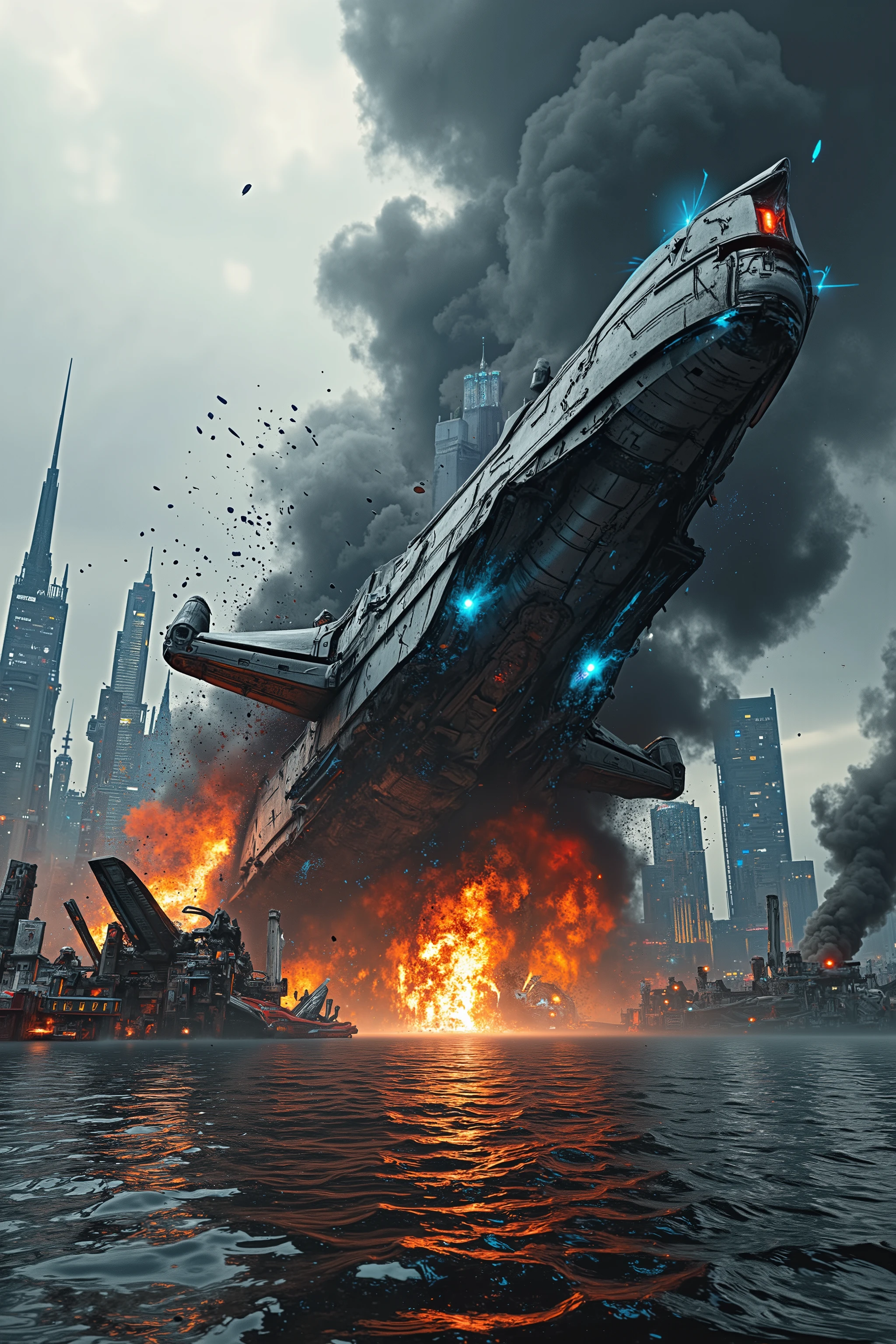 A hyper-realistic live-action cinematic image of a massive futuristic spaceship crashing towards a cityscape, engulfed in thick black smoke and fiery debris. The spacecraft, a sleek but battle-worn vessel with a damaged metallic hull, spirals out of control over a reflective body of water, its engines flickering with failing blue plasma flames. One wing is completely torn off, trailing wreckage as the ship tilts at a sharp angle, moments before impact.

The background is a distant futuristic skyline, partially obscured by rising smoke, heat distortion, and glowing embers filling the sky. The atmosphere is heavy with destruction and tension, as emergency sirens blare and faint searchlights try to pierce through the chaos. The city’s towering structures, some partially silhouetted against the fiery wreck, add a sense of scale and urgency.

The composition is cinematic, with a motion blur effect on the spaceship, emphasizing its high-speed descent. The water beneath reflects the infernal glow of the burning wreck, rippling from the sheer force of the falling ship. The lighting is dynamic, combining harsh orange firelight from the crash with the cold blue industrial glow of the city in the distance, creating a stark contrast between destruction and civilization.

Rendered in 8K hyper-realistic detail, this image features smoke physics, particle effects, and detailed mechanical destruction, capturing the chaotic and cinematic intensity of an uncontrolled spaceship descent in a futuristic war zone.
