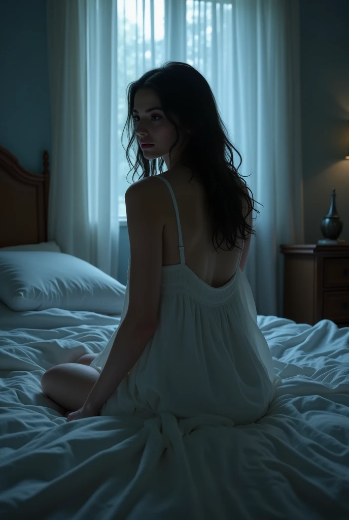 The bed on the left side of the window，The night light shines through the curtains onto my body and bed，girl sitting on the bed，Left light，You can see the person&#39;s face，The light hits the girl and the left side of the bed，Left lightLeft light只要月光一种光源，Girl lying in bed