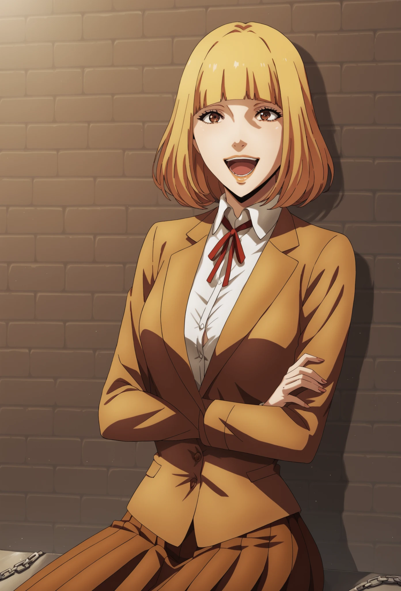 Hana Midorikawa, brown eyes, blond hair, bang, blunt bang in multiple places, break, Absard Dress, (complicated details), (colorful), Hands cuffed, arms connected by chains, under the arm, 1 girl,smile,screaming,beautiful body, belly button, Thin Waist, small ,smaller breasts,school uniform,clothed, random pose, shiny skin, viewers sitting and cumming, mature woman, thick, Mature Woman, Closed Mouth, Penitentiary, dark place, brick wall, (masterpiece, best quality),