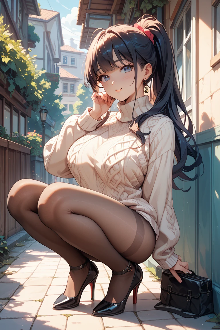 photorealisim、top-quality、超A high resolution、a picture、Extraordinary beautiful girl、Highlights of cheek luster、Detailed cute and beautiful face、(pureerosface_v1:0.008)、Beautiful bangs、Glowing white shiny skin、Bangs between the eyes、shiny and beautiful hair、Silky hair、finer hair、High-definition eyes、Beautiful, Bright and clear, Small eyes、eye liner、Double eyelids、Full body like、red blush、embarrassed from、shiny little necklace and earrings, shiny lips: 1.4,  (Shy laughter)、Kamimei、red blush、Tears are embarrassing、(Turtleneck knitwear)、((Denim Mini Skirt))、((Yellow lace panties))、((Open knees))、((open one's legs))、((Disheveled clothes))、((Dressing))、Puffy nipple、Neat and clean female 20-year-old female teacher、Brown hair, bangs flowing diagonally, Medium Wave Long Hair, Blue eyes, medium breast size, (sit on stairs)