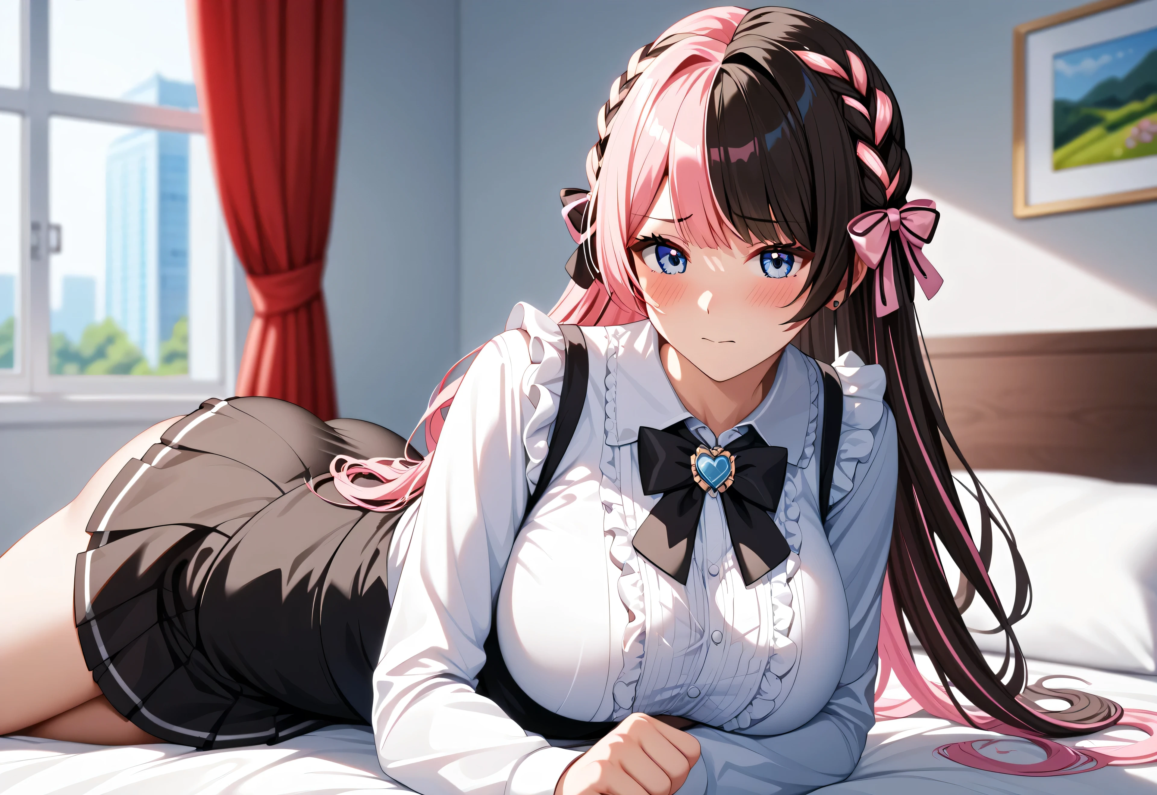 master piece,Best Quality,Super detailed,High resolution,Extremely detailed CG,Unity 8K Wallpaper,weat,score_9, score_8_up, score_7_up, score_6_up, score_5_up, score_4_up, source_anime,TachibanaHinano,blue eyes, two-tone hair, long hair, french braid, hair bow、HinanoBase, (two-tone hair), long hair, french braid, hair bow, black bowtie, brooch, frilled shirt, white shirt, long sleeves, black skirt, suspender skirt,mini skirt,mature female,professional quality, nsfw、large breasts 、bed room,panties、embarrassed、(impossible clothes),big butt,bubble butt,realistic,