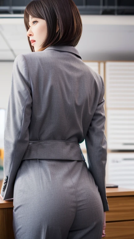 (Best quality, 8k, 32k, Masterpiece, UHD:1.2), 1girl, beautiy Japanese woman, narrow waist, grey suit, open jacket, office lady, suit, pants, from behind, office room, desk, (stick out one's buttocks:1.2), detailed face, short hair, looking at viewer