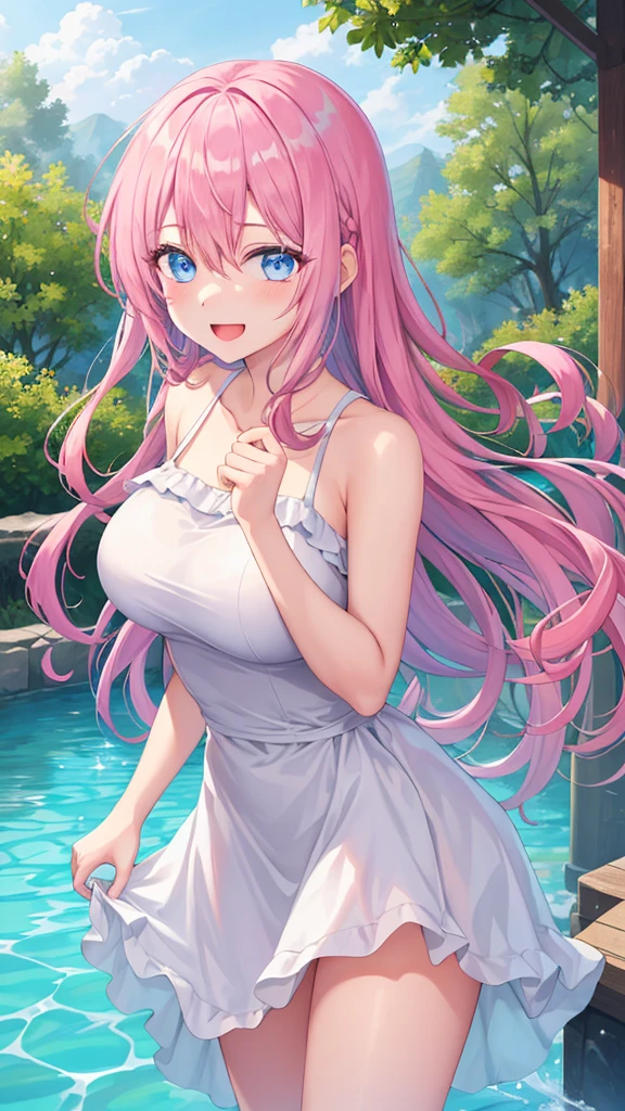 1 girl, 19 years old, Long pink hair, green eyes with slit pupils, master-piece, best quality, (standing up), (short dress), (floral spaghetti strap, short blue summer light blue dress), (Big , ultra gigantic , Super super big, Glamorous body), Make eye contact with the camera, front figure, looking forward, (light_Smile:1.5), (Detailed hands and fingers:1.2) (In the sunny park), (FULL BODYSHOT), thighs thighs thighs thighs、beauty legs、Bare legs