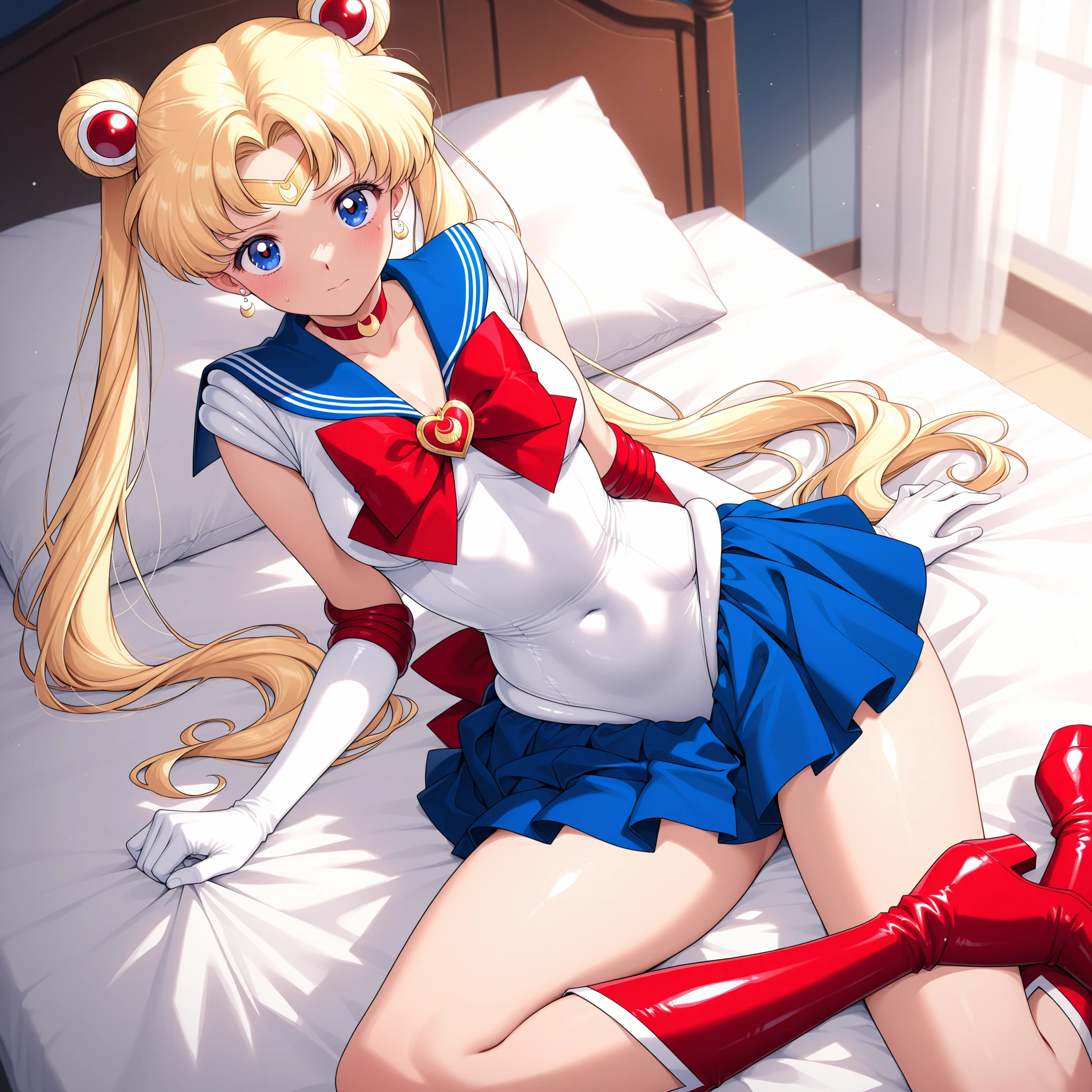 score_9, score_8_up, score_7_up, 

bishoujo_senshi_sailor_moon,super_sailor_moon,tsukino_usagi,pleated_skirt,red_choker,thighhighs

1on bed, thighs, hand between thighs, blush, look at viewer, lying