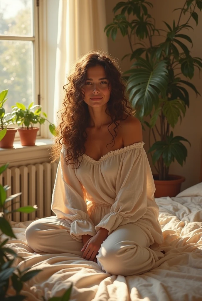 (photorealism:1.2), beautiful woman, sitting on bed, wearing loose off-shoulder top, pajama pants, long curly hair, indoors, soft lighting, plants in background, window with sunlight, cozy room, relaxed pose, realistic, intricate details, warm colors, by Greg Rutkowski, by Alphonse Mucha