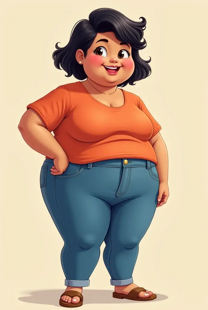 Can you generate a cartoon characters woman and make her chubby, short hair,and her skin is darker tan and she look like a Filipina make her more chubby and she is wearing a jeans