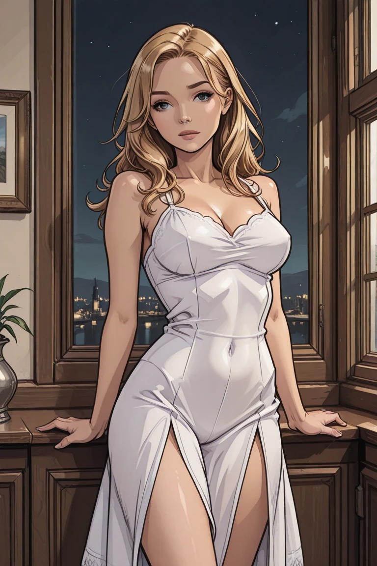 (obra maestra, calidad superior, mejor calidad, 1girl, cuerpo completo, de pie, arte oficial, beautiful and aesthetic: 1.2), extremadamente detallado ((Estilo Manhwa)) blonde hair, wedding dress, manhwa style, Korean comic