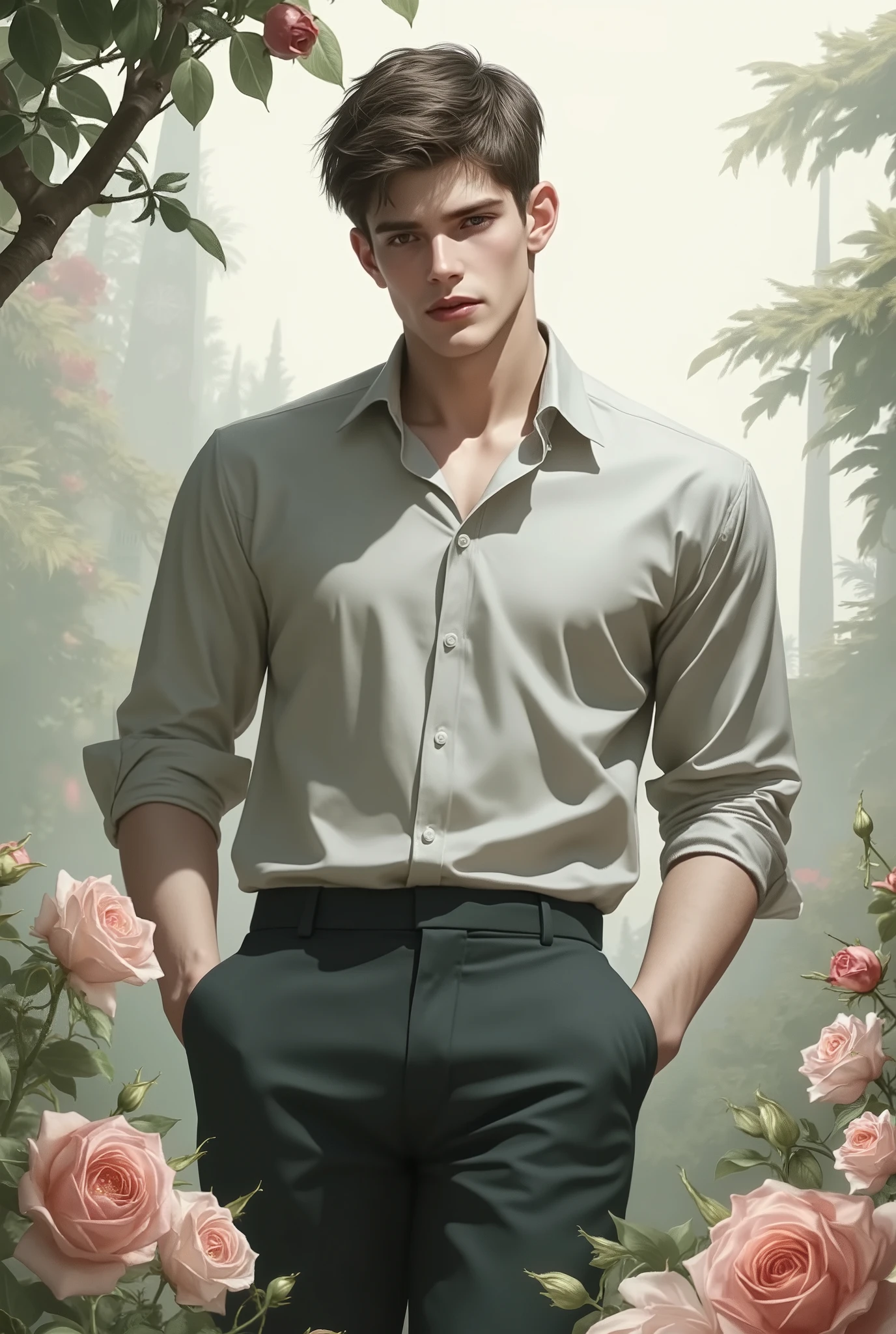 Full-length student guy with legs from the fairy tale The Nightingale and the Rose