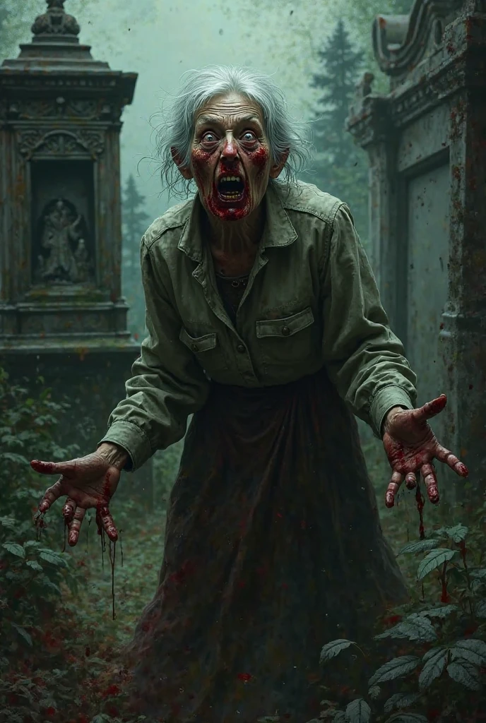 zombie, tattered ruined clothes, dead rotting skin on the face, dirty muddy hair, extremely detailed dried rotting peeling dead skin, malnourished woman, blind, wide angle, detailed environment,, highly detailed, intricate, detailed skin, professionally color graded, photorealism, 8k, art by George Pfau