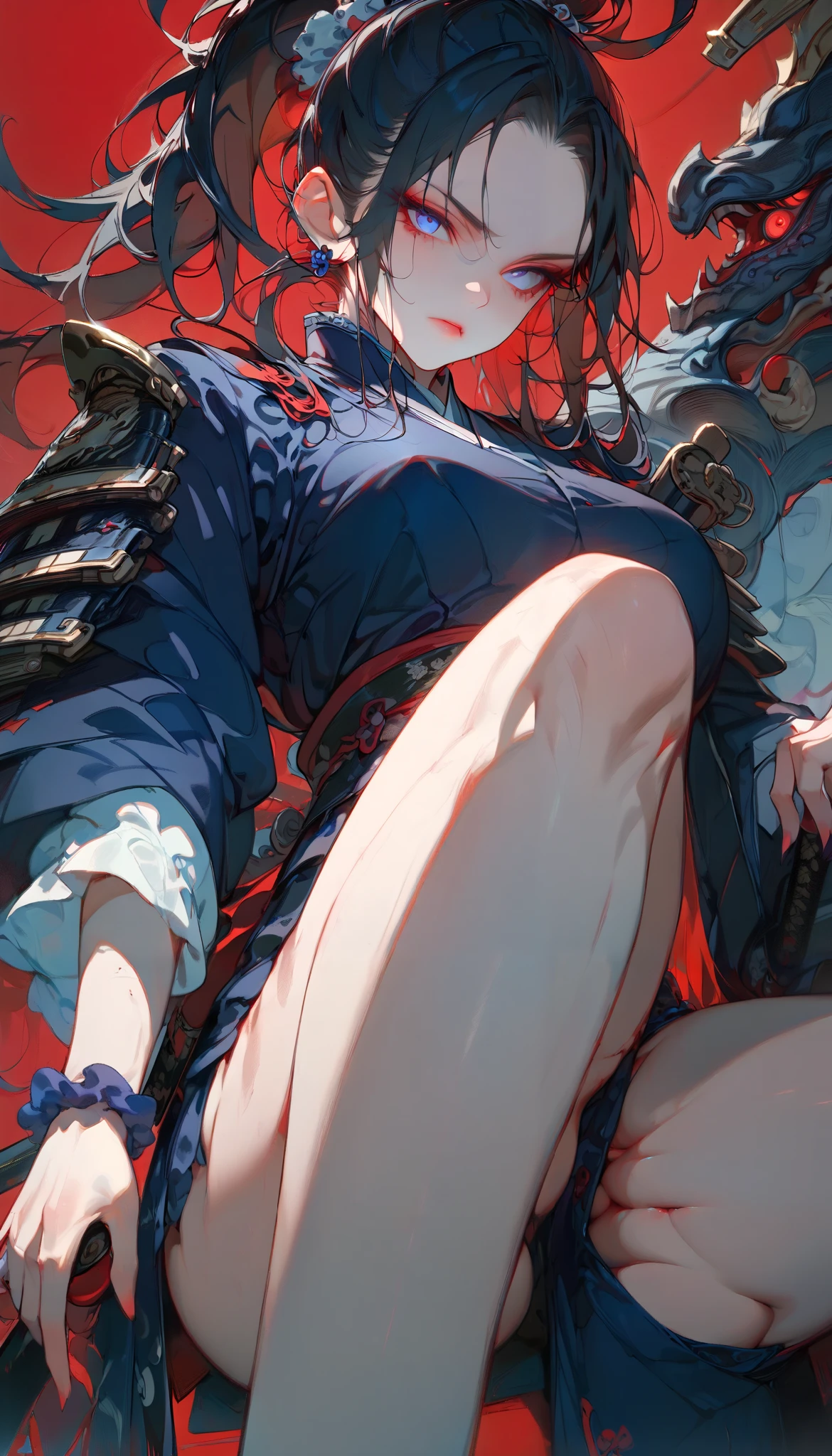 ((best quality)), ((masterpiece)), (detailed), perfect face, ((Best quality, 8k, Masterpiece: 1.3)), Sharp focus, Highly detailed face and skin texture, Detailed eyes, Long hair, ponytail, scrunchie, samurai, navy blue clothing, Mature woman, seductive, backlit, red light, beautiful legs