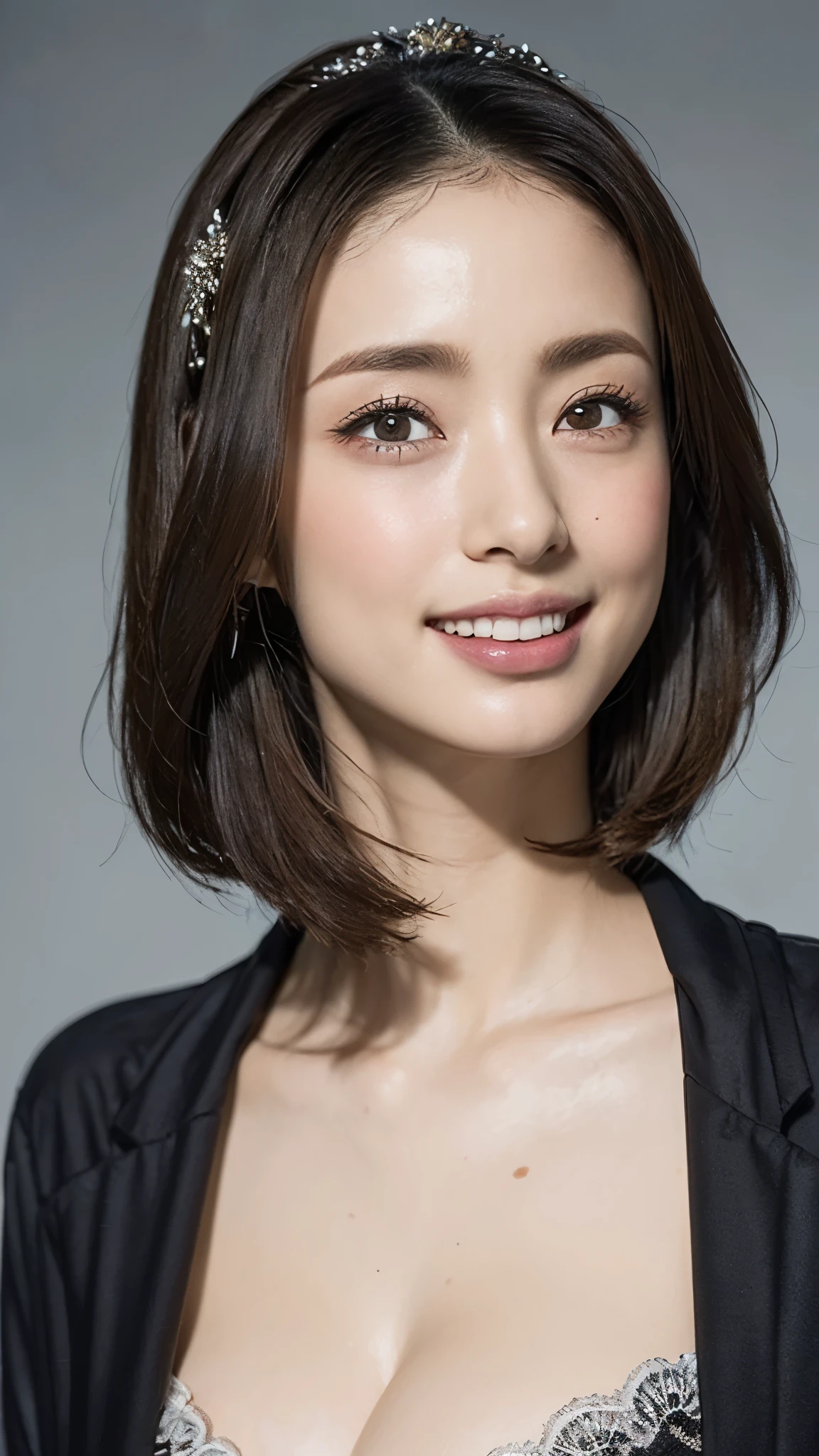 (a masterpiece of:1.3), (8K, a photorealistic, Raw photography, Top image quality: 1.4), Face Close-up、portraitures、japanes, (125 year old girl), beauitful face, (Lifelike face), (dark-haired, short-hair:1.3), Beautiful hairstyle, Realistic eyes, Beautiful eyes, (real-looking-skin), Beautiful skin, enticing, Super-High Resolution, A hyper-realistic, high-detail, the golden ratio, Detal Face,see the beholder,A smile,Race Queen Uniform,middlebreasts,