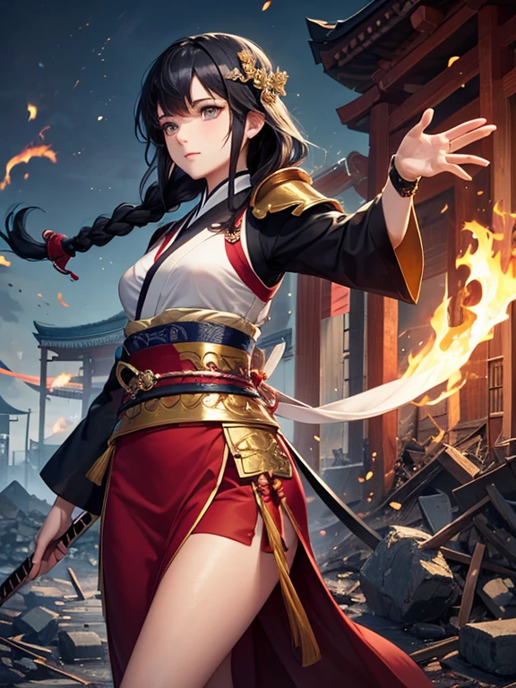 A 20-year-old female character in a flashy haori, mini hakama, knee-high boots, with long ponytail hair, holding a flaming sword, in the style of Japanese anime.