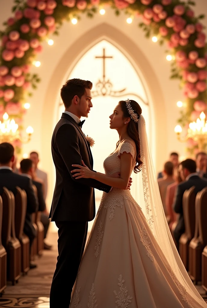 On the wedding stage of an upscale luxury hotel,A dozen friends and spectators next to the audience stood up and applauded,Couple in uniform,marriage,tongue kissing,Kiss,Hug together