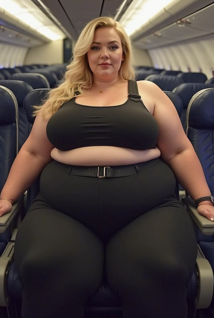 A plane passenger detailed photo of a Beautiful ginger SSBBW, with long wavy ginger hair, with big soft fat belly, thicc fat arms, thicc wide legs, big breast, in a cute green top tucked in her pants, and black pants, at airport waiting for the plane with a big bag