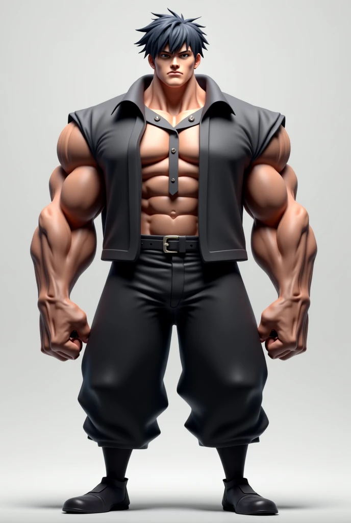 Male machoke with white blouse and black miniskirt, he is wearing a black pointed high-heels, he is flexing his muscles.