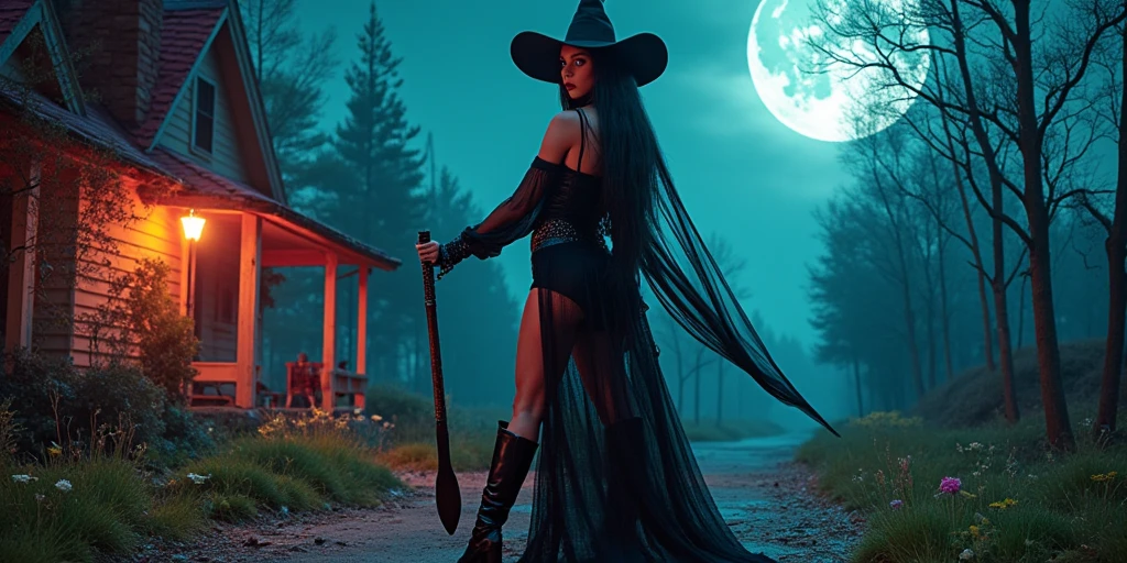 ((goth witch)), best quality:1.5, outdoor, night, forest, moonlight, long black blowing hair, cape blowing in the wind revealing a fine ass, from below