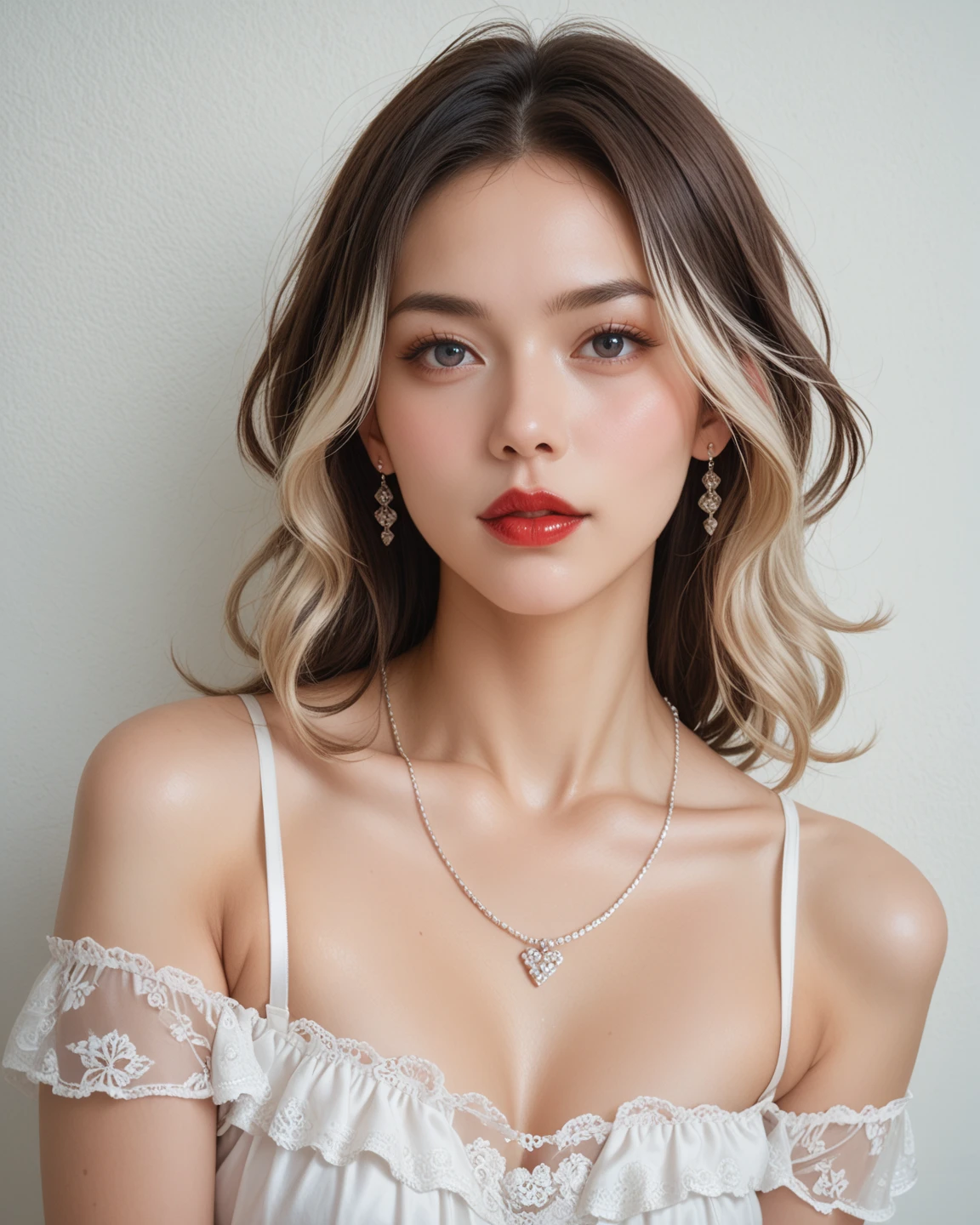 perfect digital image, beautiful glamour model, silver hair, shoulder length, ((brown eyes)), ((smokey eyes make up)), ((red dress)), looking at the camera, background ((plain white backdrop)), Nikon D850, ISO 200