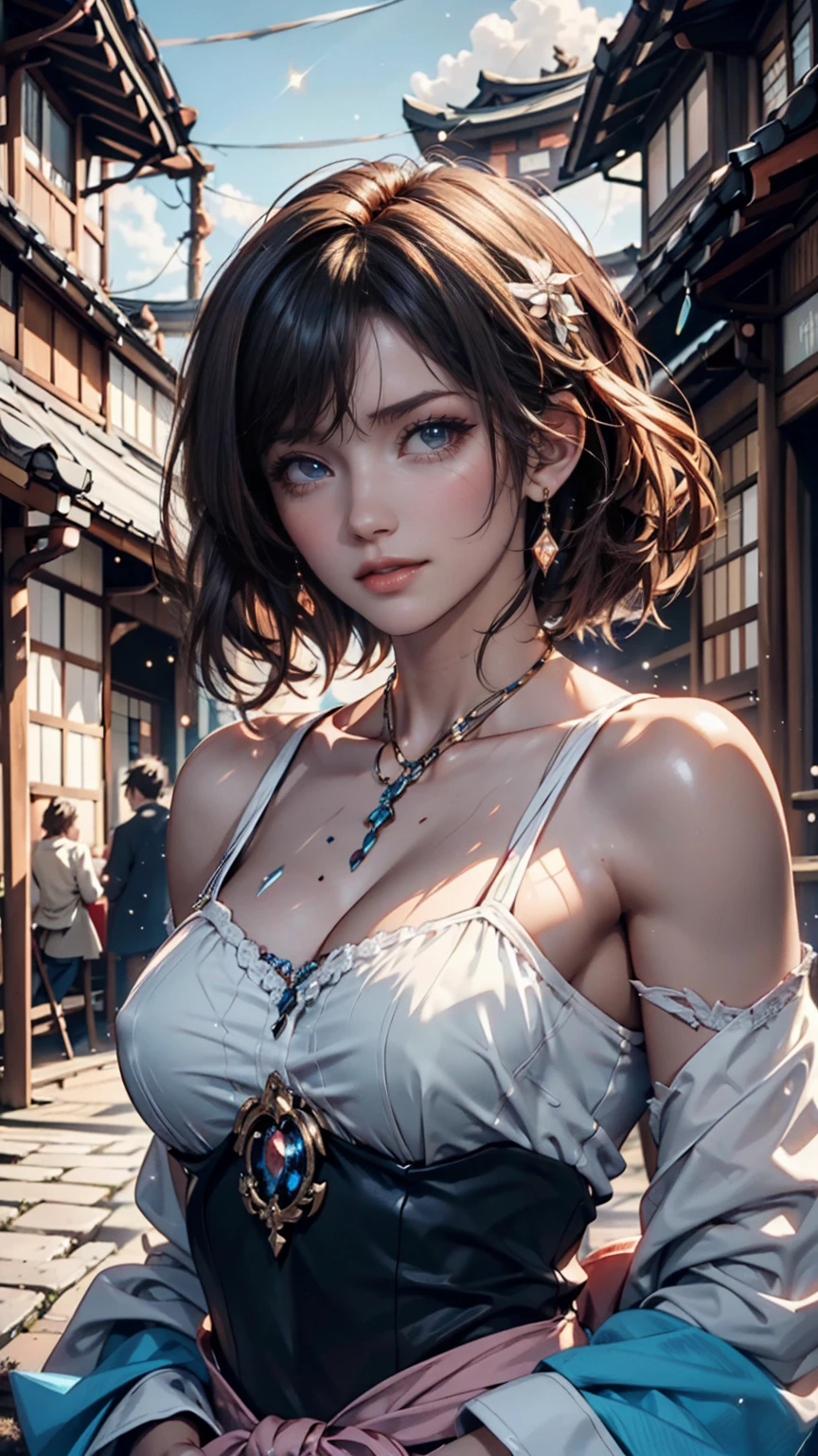 ((Best quality, 8k, Masterpiece :1.3)), Sharp focus :1.2, Perfect body beauty: 1.4, Slim abs: 1.2, ((Dark brown hair, Big breasts: 1.2)), (Natural light, City street: 1.1 ), highly detailed facial and skin textures, detailed eyes, double eyelids, (((Dynamic Angle)))