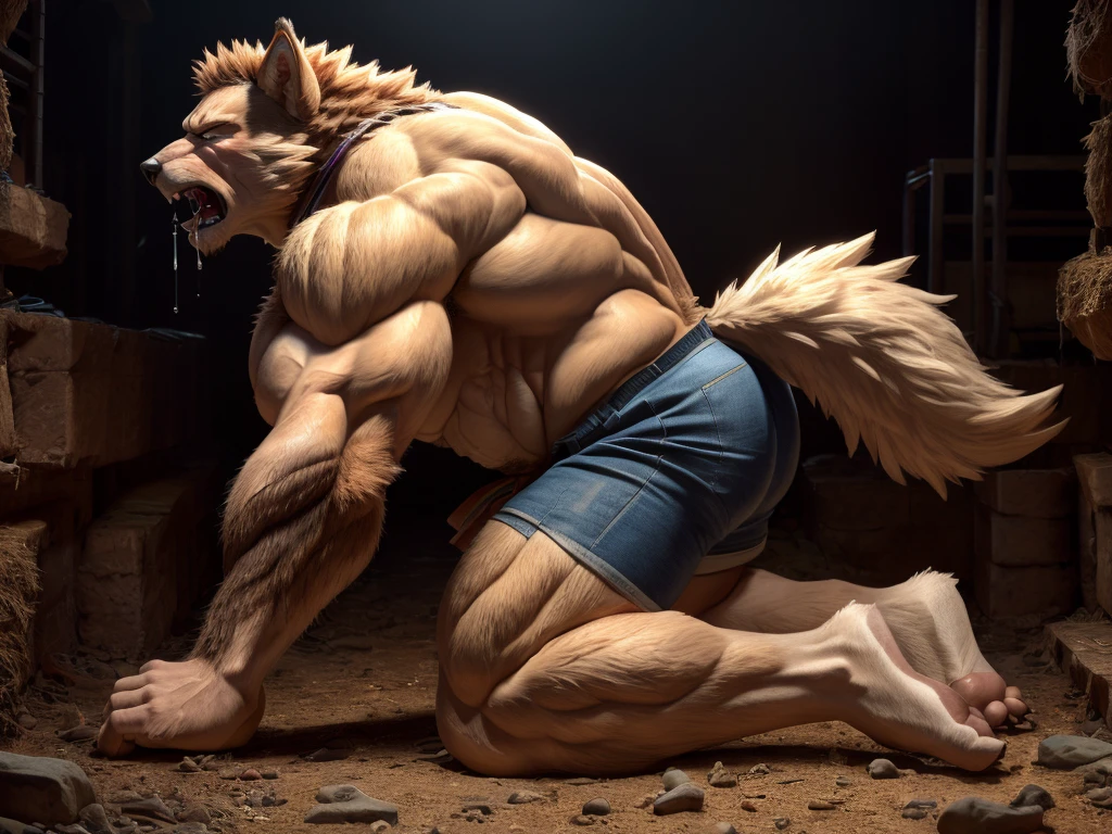 Fluffy Yellow Weasel、Backwards Weasel、Back muscles、Jumping pose、Very huge muscles、Itachi looking to the side、Full body weasel fur、Very large bulging crotch、male、Lots of pubic hair、Very long armpit hair、Composition looking up from diagonally below、Barking Weasel、Concrete Background、Pose with both hands raised up、Long body、very short legs、Sharp claws on the toes、Hairless head、Full body weasel fur皮、Howling pose、Upward facing face、Very long and profuse armpit hair、Weasel&#39;s Tail