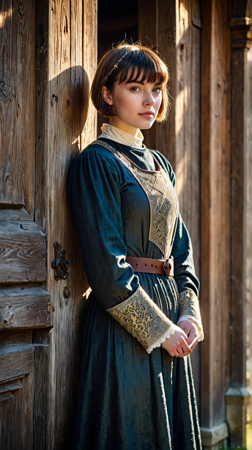 I want to see a blonde girl with short hair. She is dressed in humble medieval clothing, semi-transparent sleeveless shirt and pants, his clothes are wet and stick to his body. His arms are strong. Under the shirt you can sense a small, firm chest that is visible through the blouse.. It is in the room of an inn built of wood..