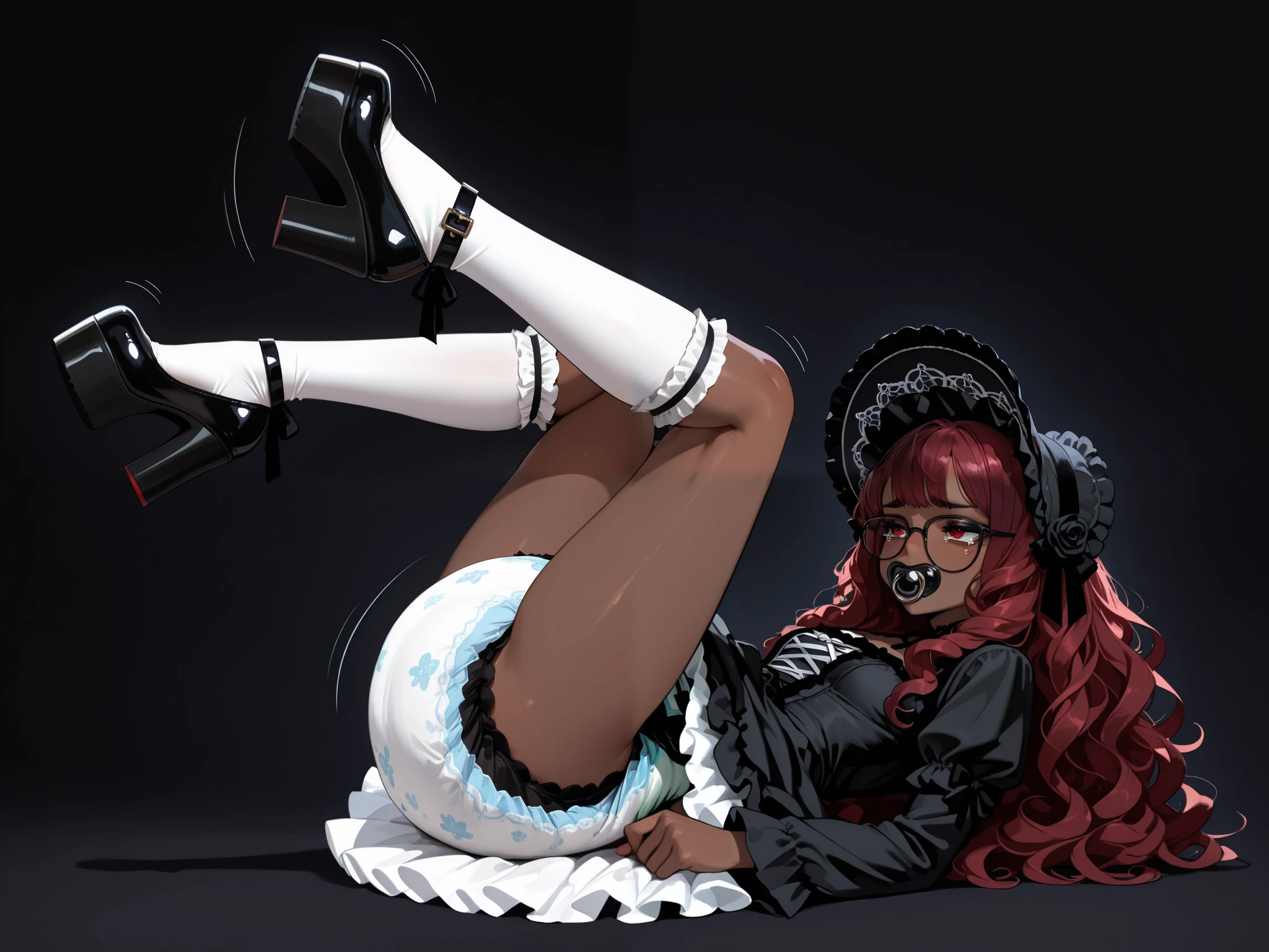 masterpiece, very awa, best quality, amazing quality, very aesthetic, absurdres, newest, intricate details, from side, 1girl, solo, dark skin, dark-skinned female, dark red hair, white socks, kneehighs, frilled legwear, frills, black footwear, platform heels, snobby, narrowed eyes, tearing up, looking ahead, looking up, :<, black lips, black pacifier, full body, goth fashion, gothic lolita, Lolita Dress, Lolita Style, ruffles, patterns, frilled bonnet, black bonnet, short dress, red eyes, glasses, ((white petticoat)), ((black lacy gothic diaper)), lying on back, legs up, kicking, motion lines, black skin color, beautiful, smooth skin, curly hair, wavy hair, dark background