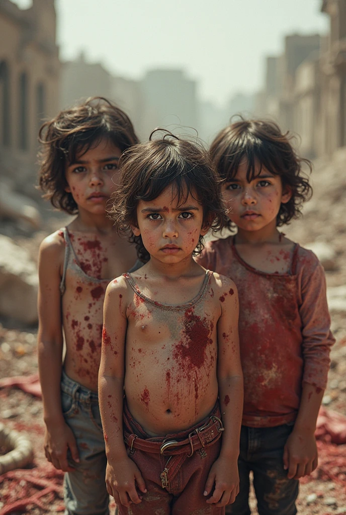 Two Poor children in the ruins of war in the Middle East，On the pavement，be desperate，Tragic，(Ultra-delicate depiction of pain and despair of the face:1.2),Real Human，Ultra photo realsisim，hyper realisitc，rendering by octane , full body , sexy , ?????? , pussy , ?????? , openlegs , 8khd